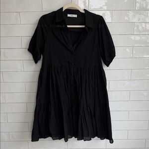 Black Tiered Button-Front Short Sleeve Dress